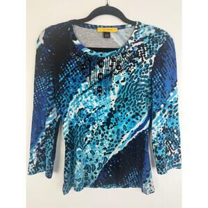 St. John Womens 3/4 Sleeve Abstract Jeweled Round Neck Blue/Black Shirt Small